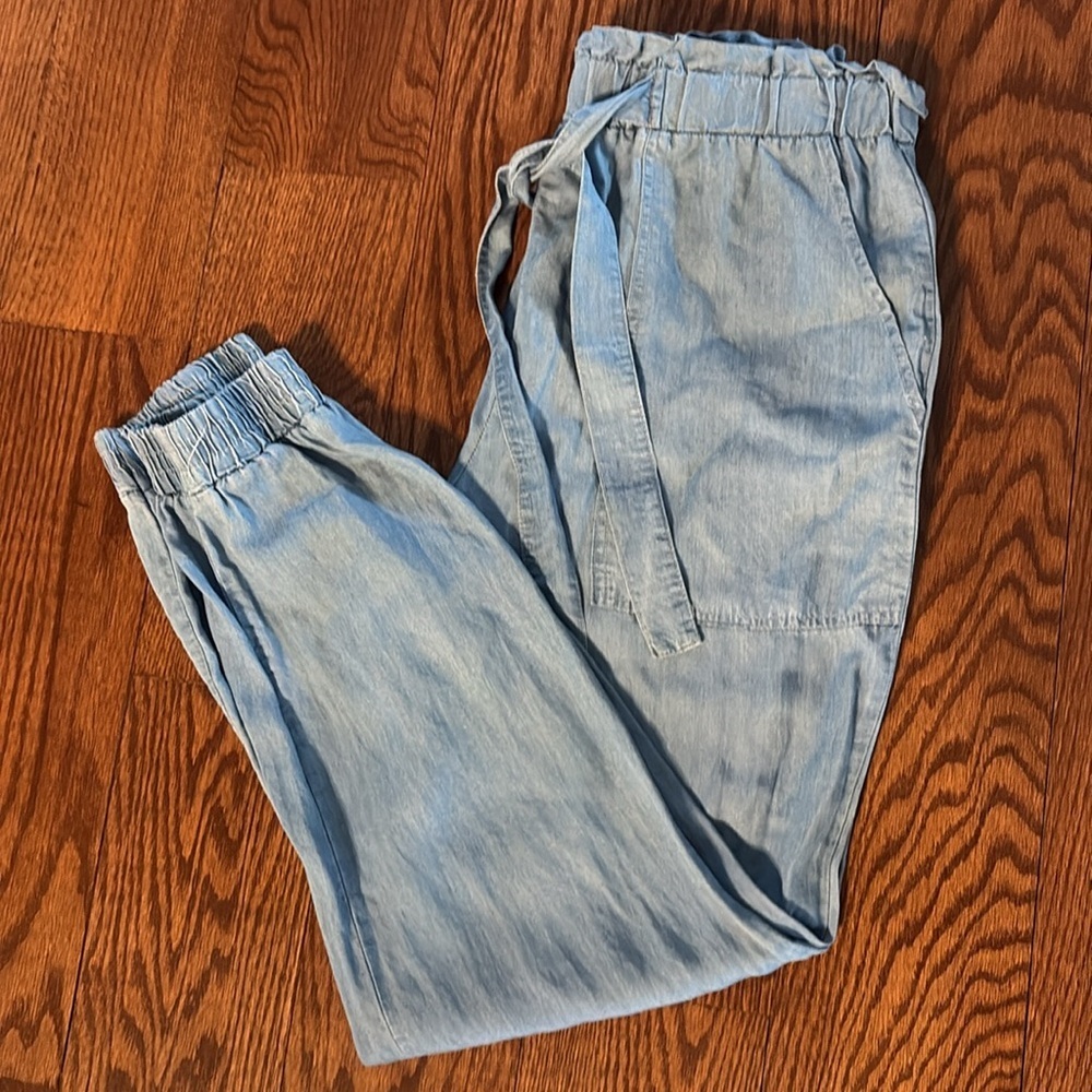 Denim Blue Drawstring organic RAYON jogger Pants pull on elastic waist belt Med - Picture 1 of 14